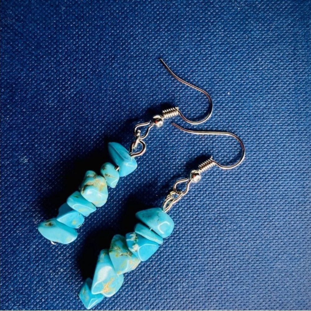 Blue Turquoise Stone Chip Drop Dangle Earrings